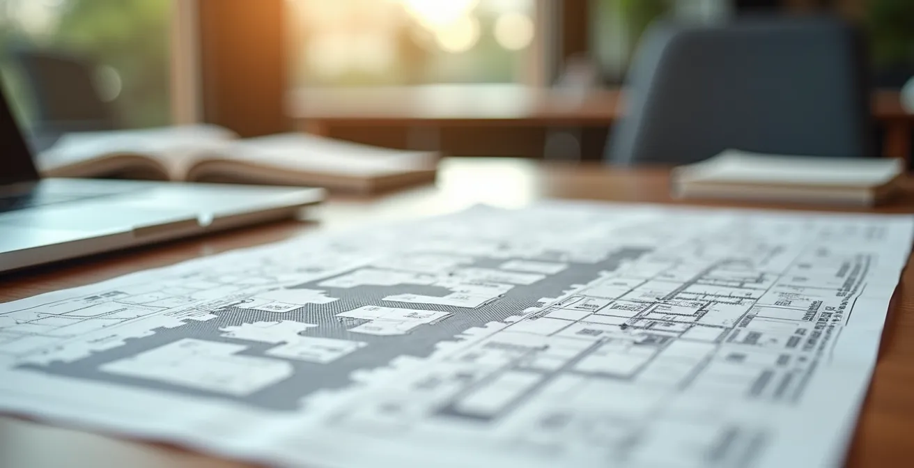Photographie d'un plan d'urbanisme minimaliste sur une table avec lumière naturelle mettant en valeur des textures papier et cartes urbaines.