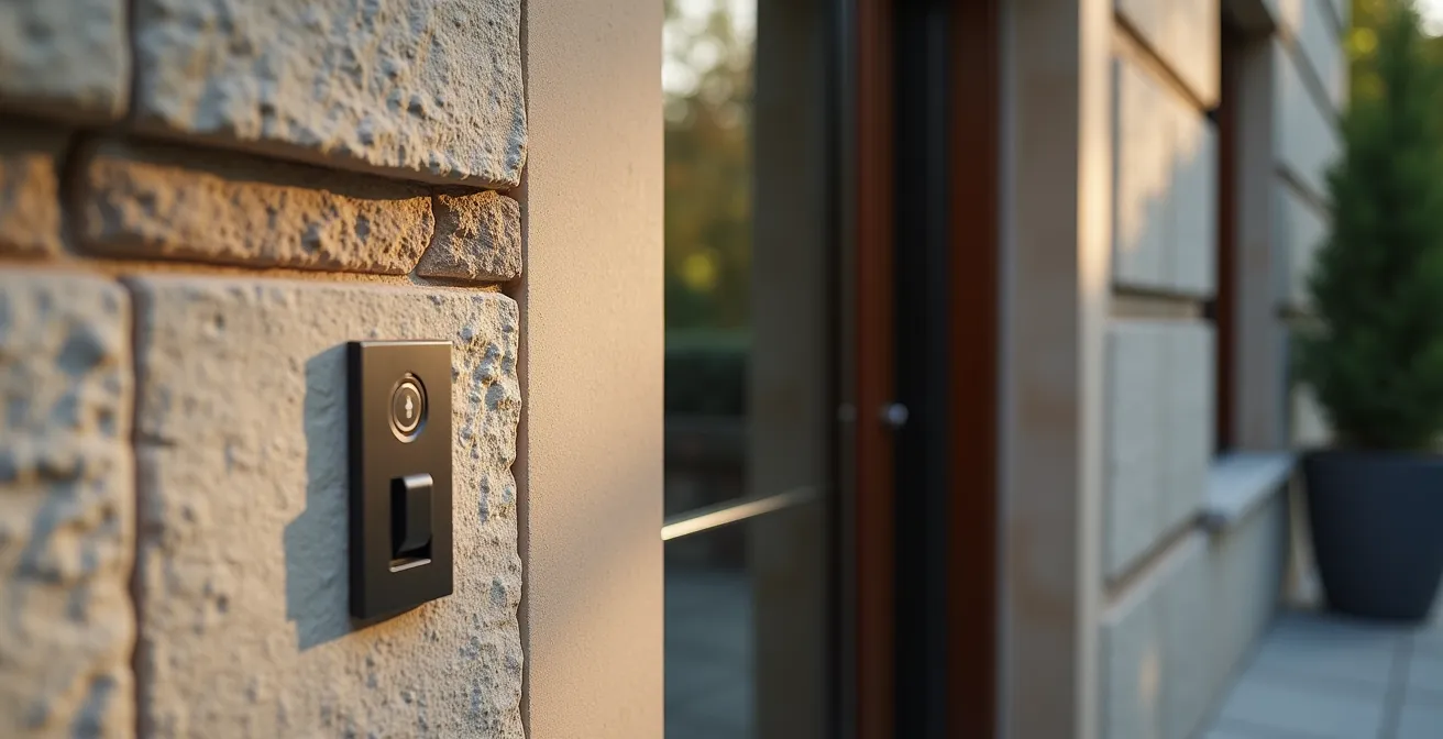 Photographie rapprochée d'un détail technique d'ascenseur privatif sur une façade en pierre avec textures fines et éclairage naturel doux.