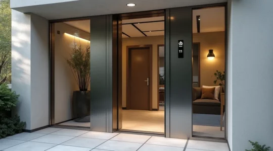 Vue photo-réaliste d'un ascenseur privatif moderne installé dans une maison à Grenoble, avec un éclairage cinématographique et un arrière-plan architectural épuré.