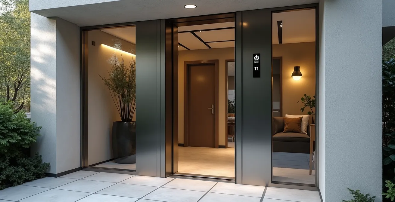 Vue photo-réaliste d'un ascenseur privatif moderne installé dans une maison à Grenoble, avec un éclairage cinématographique et un arrière-plan architectural épuré.
